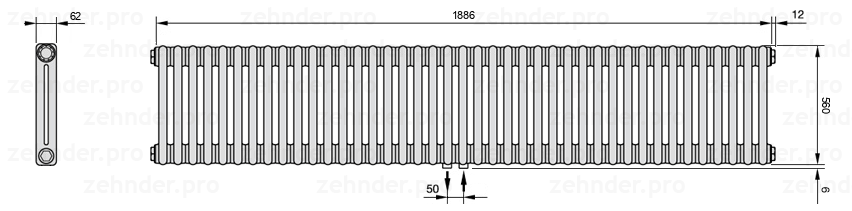 Схема (чертеж) Радиатор Zehnder Charleston 2056/41 №5410 Белый глянцевый RAL 9016